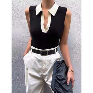 Commense Contrast Trim‎ Collar V-neck Knit Sweater Vest Size Large